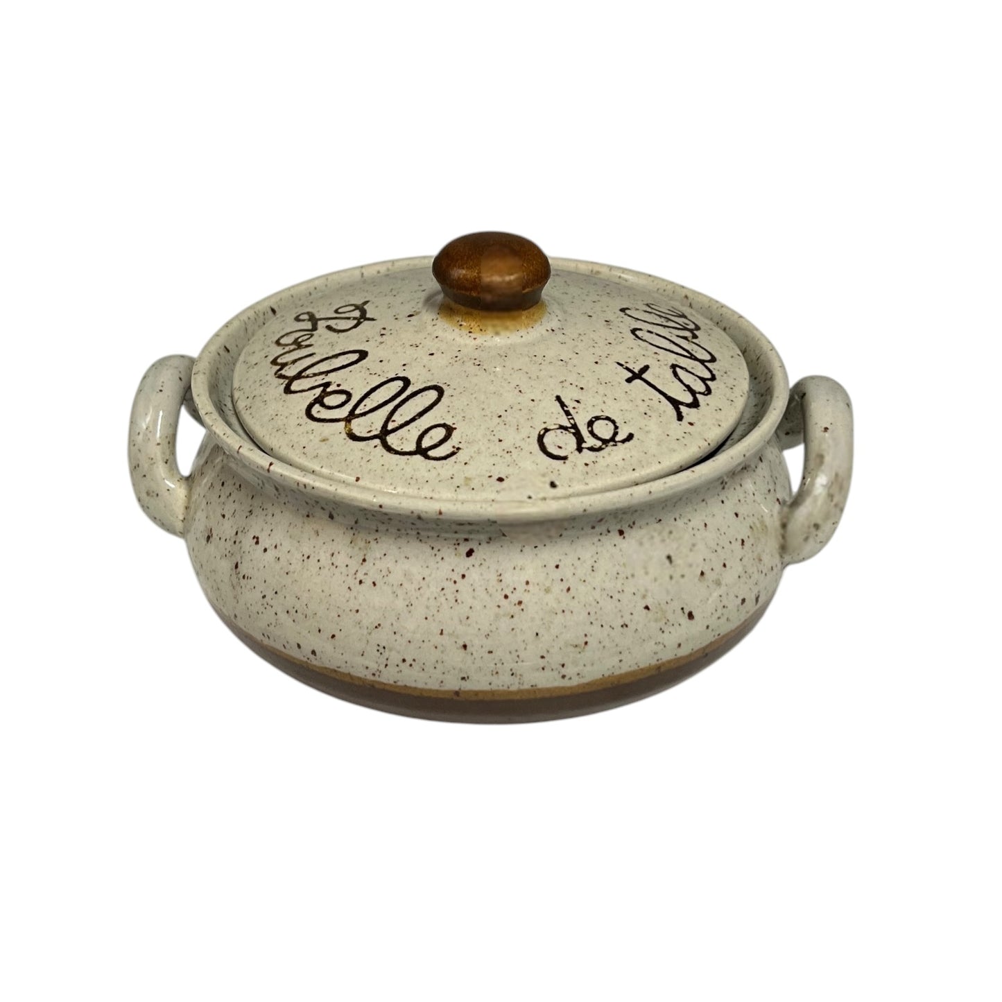 French vintage ceramic beige and brown speckled table bin with “Poubelle de Table” inscribed on the front, featuring a lid, perfect for a country cottage or for outdoor dining at a BBQ, displayed against a white background.