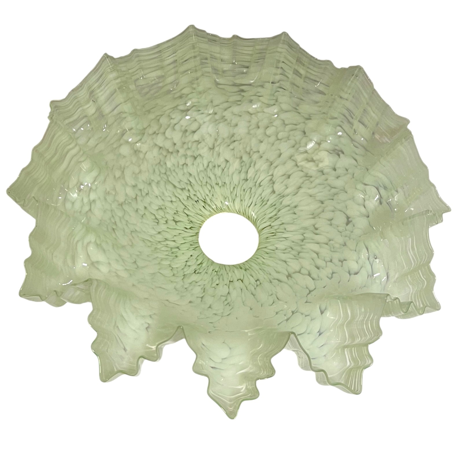 A light green textured glass shade or bowl with a scalloped, ruffled edge and a circular cutout in the center, shown against a plain white background.