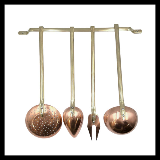 Set of 4 French copper and brass kitchen utensils complete with brass hanging bar for sale by All Things French Store
