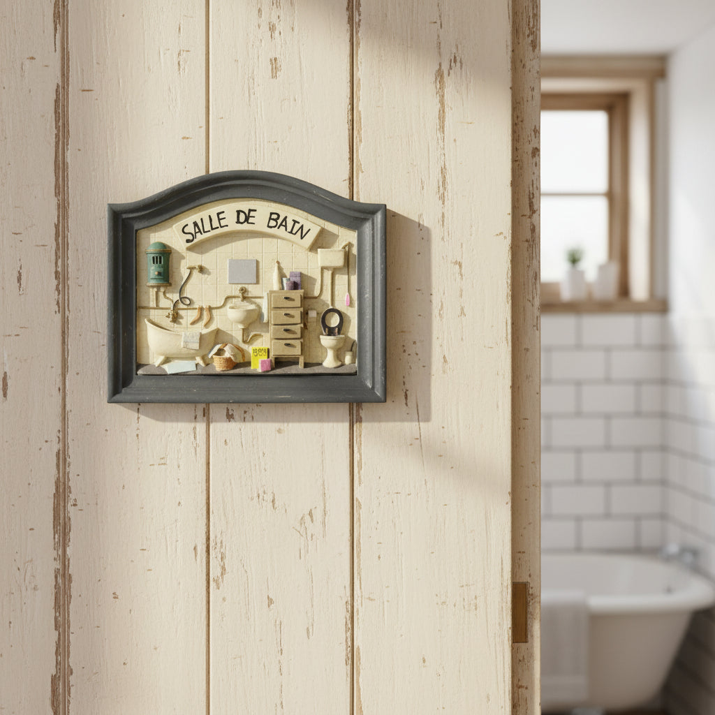 Decorative wall art of a bathroom scene with 'SALLE DE BAIN' text on a white background.