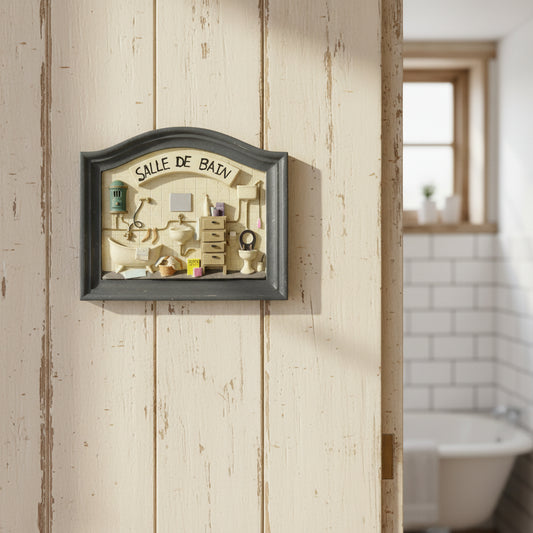 Decorative wall art of a bathroom scene with 'SALLE DE BAIN' text on a white background.