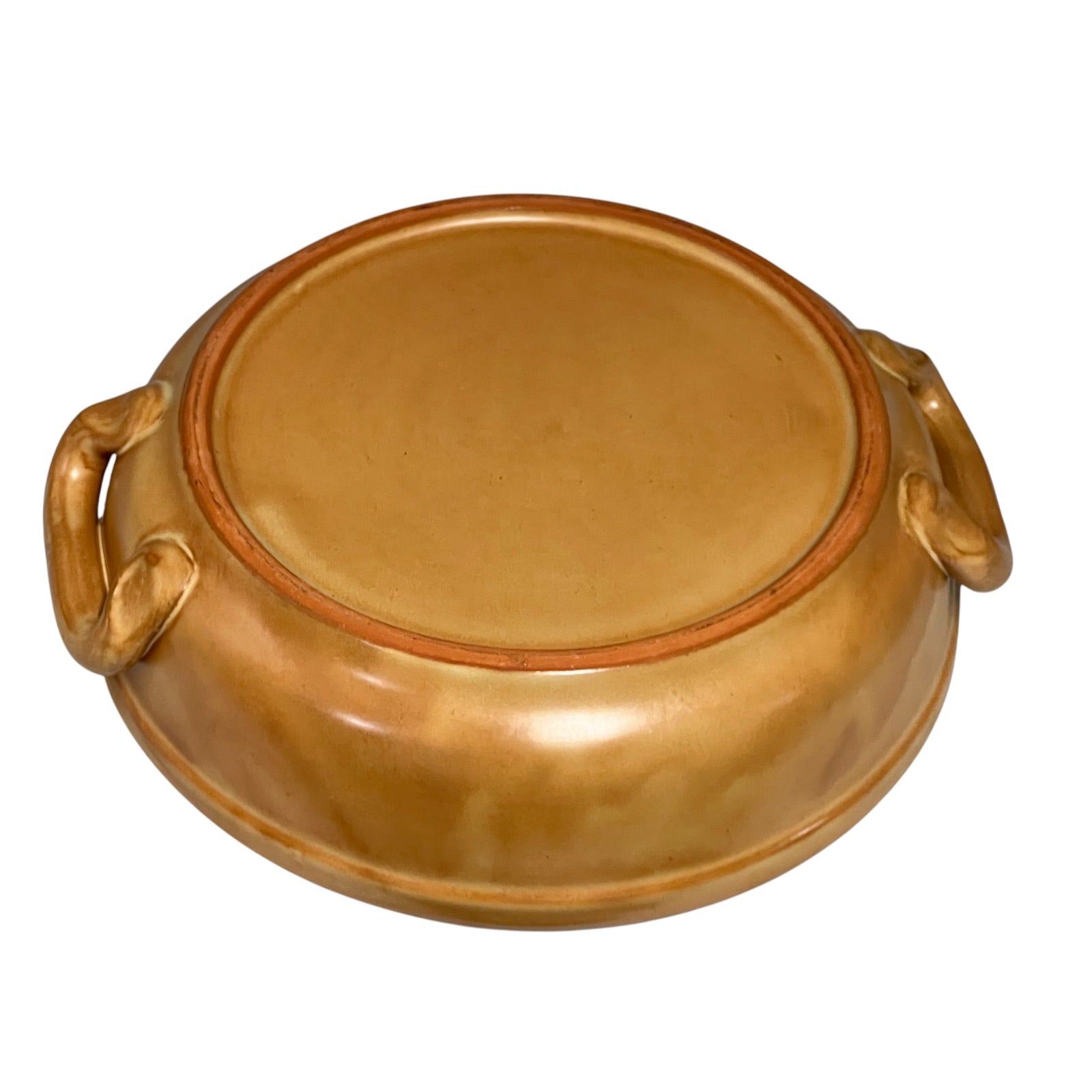 Brown ceramic dish with handles on a white background