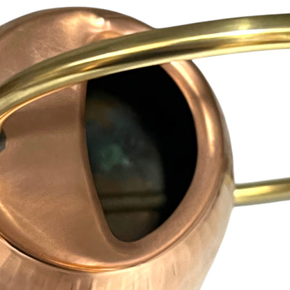 Close up of copper and brass watering can on a white background