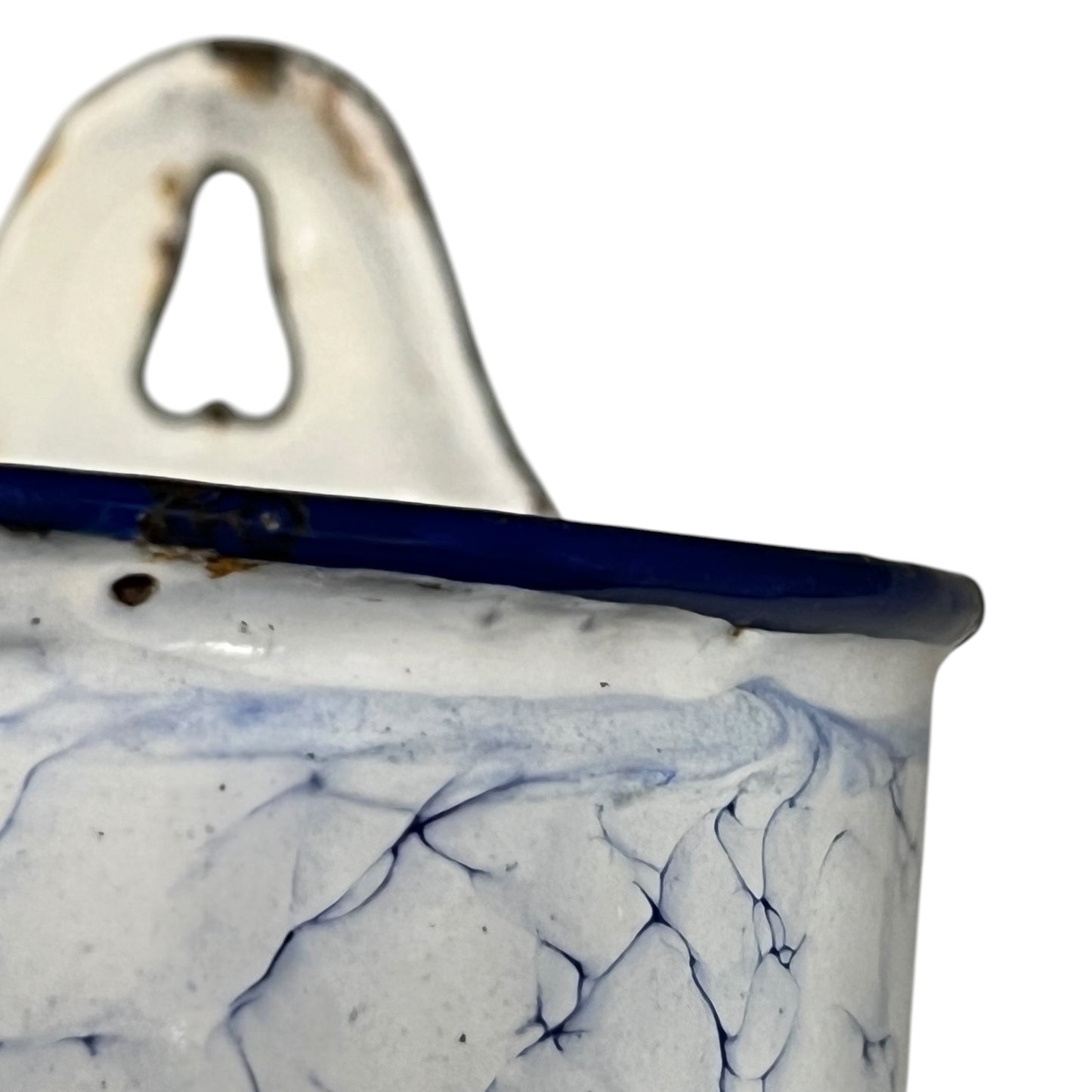 Close up of a French enamel vintage garden wall mounted planter or kitchen bathroom storage pot, on a white background 
