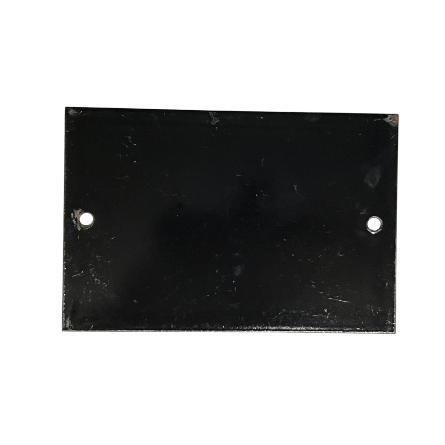 A rectangular black metal plate with two pre-drilled holes, shown against a plain white background.