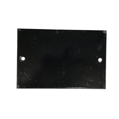 A rectangular black metal plate with two pre-drilled holes, shown against a plain white background.