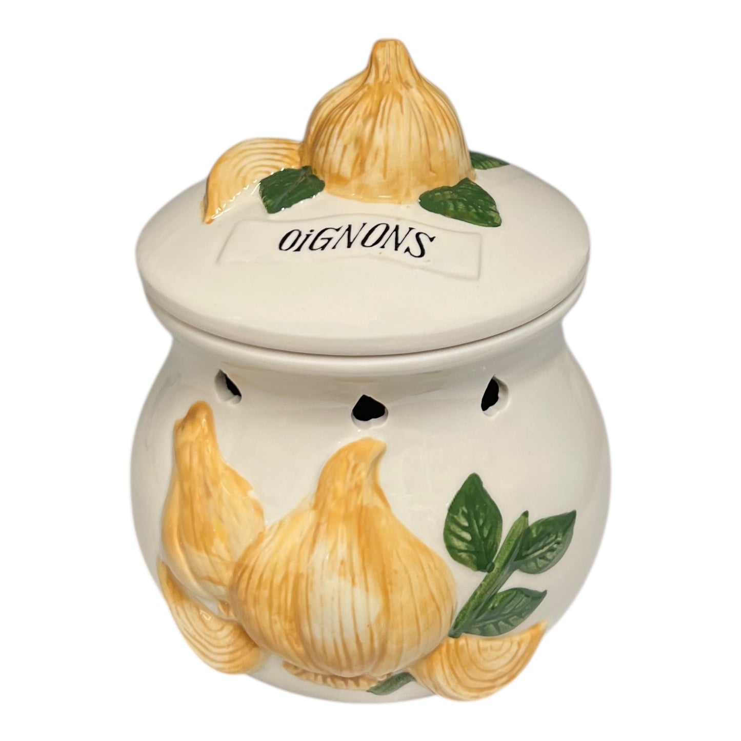 Ceramic jar with onion design and 'Oignons' text on a white background