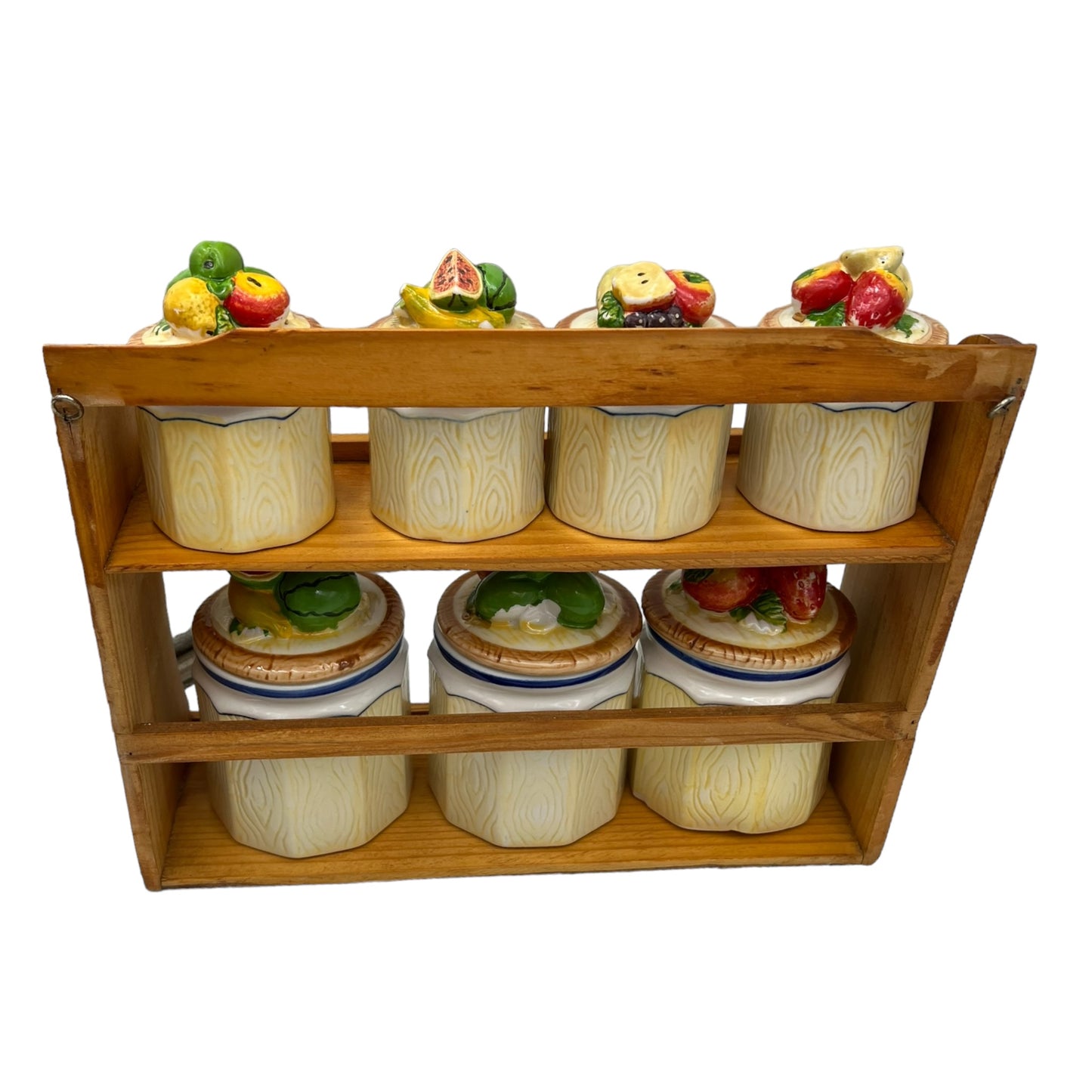 image French shabby chic ceramic canister jars on a rack