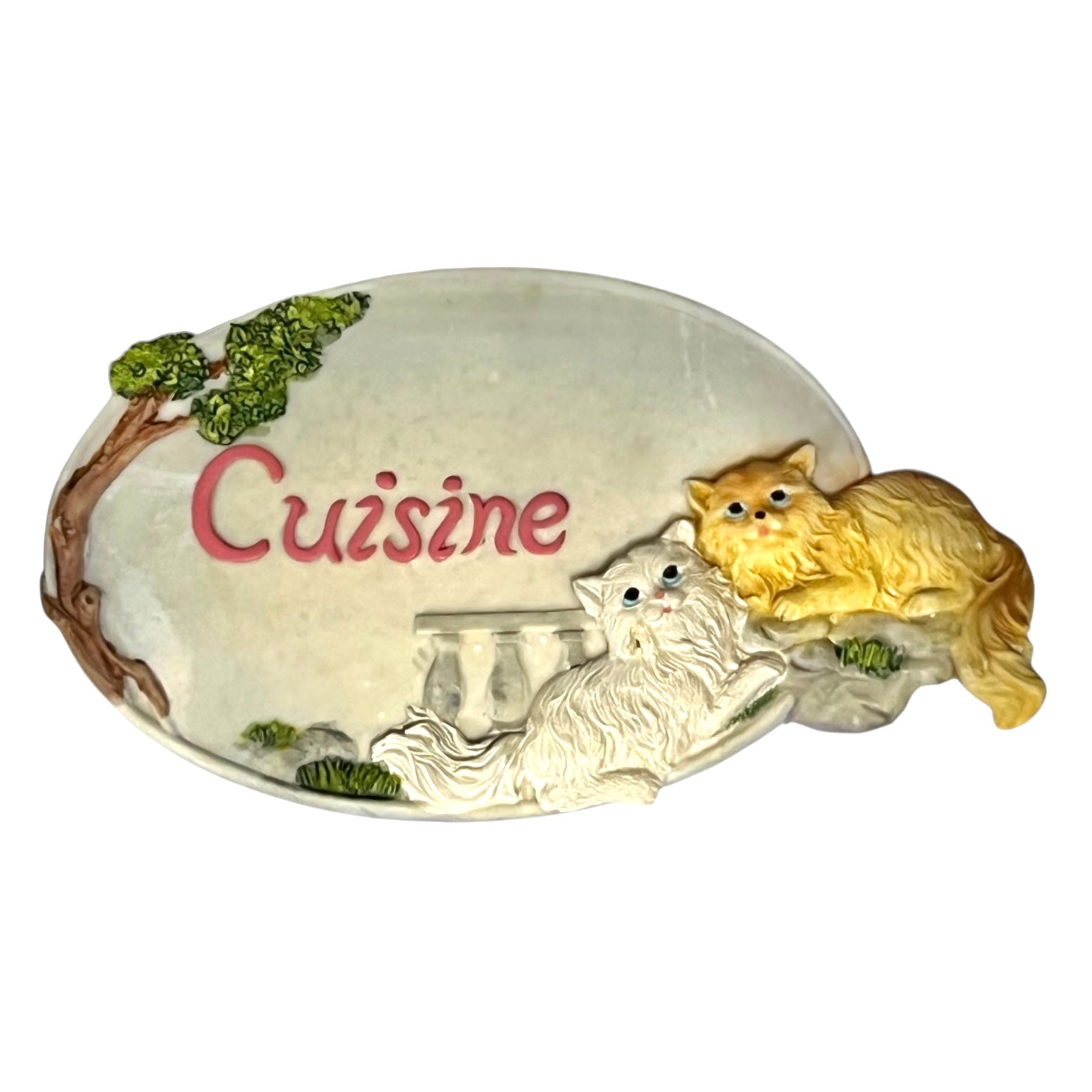 French shabby chic Cuisine kitchen door sign with a cat decoration on a white background 