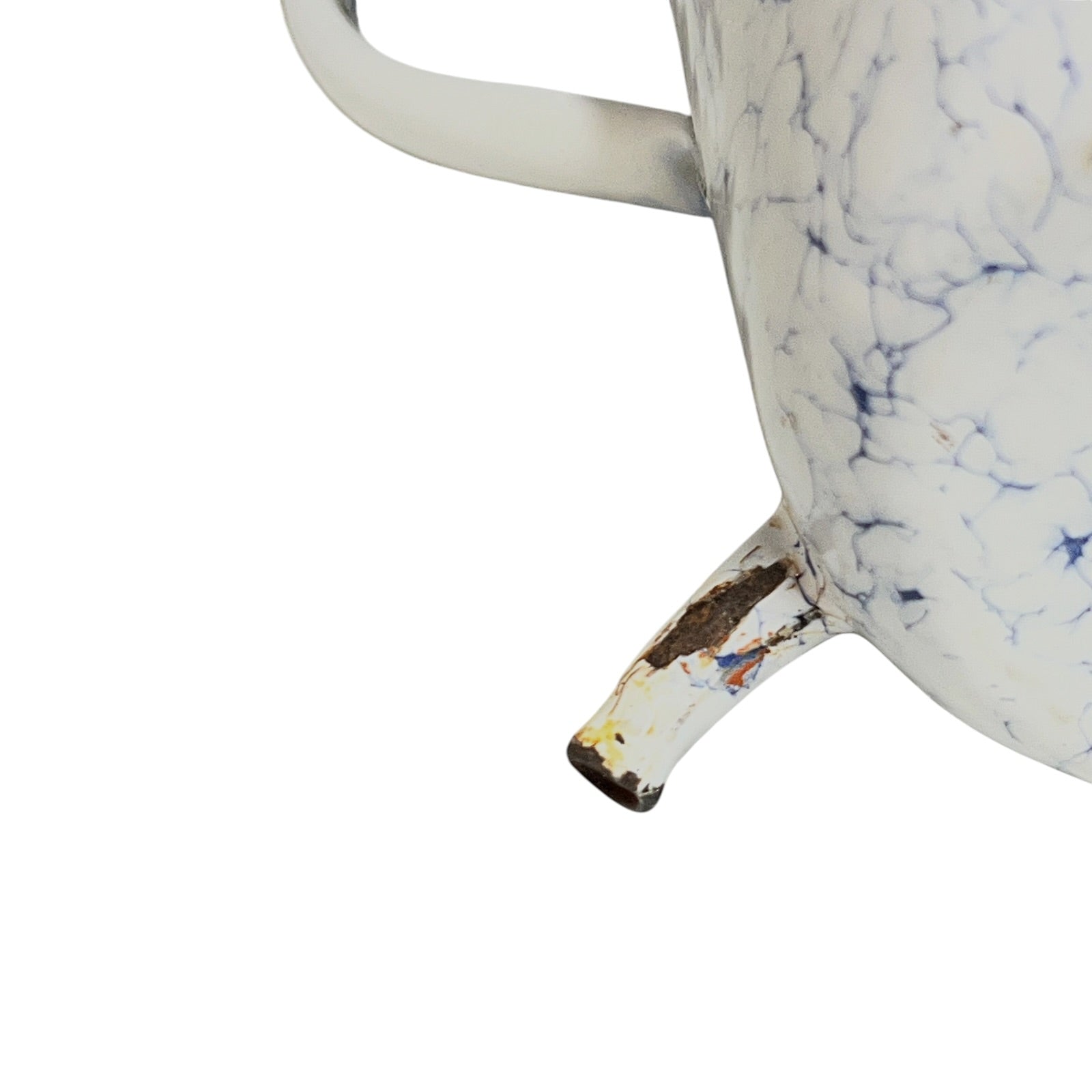 Close up of a French enamel vintage garden wall mounted planter or kitchen bathroom storage pot, on a white background 