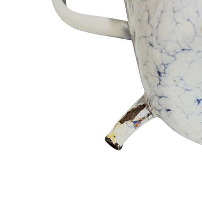 Close up of a French enamel vintage garden wall mounted planter or kitchen bathroom storage pot, on a white background 