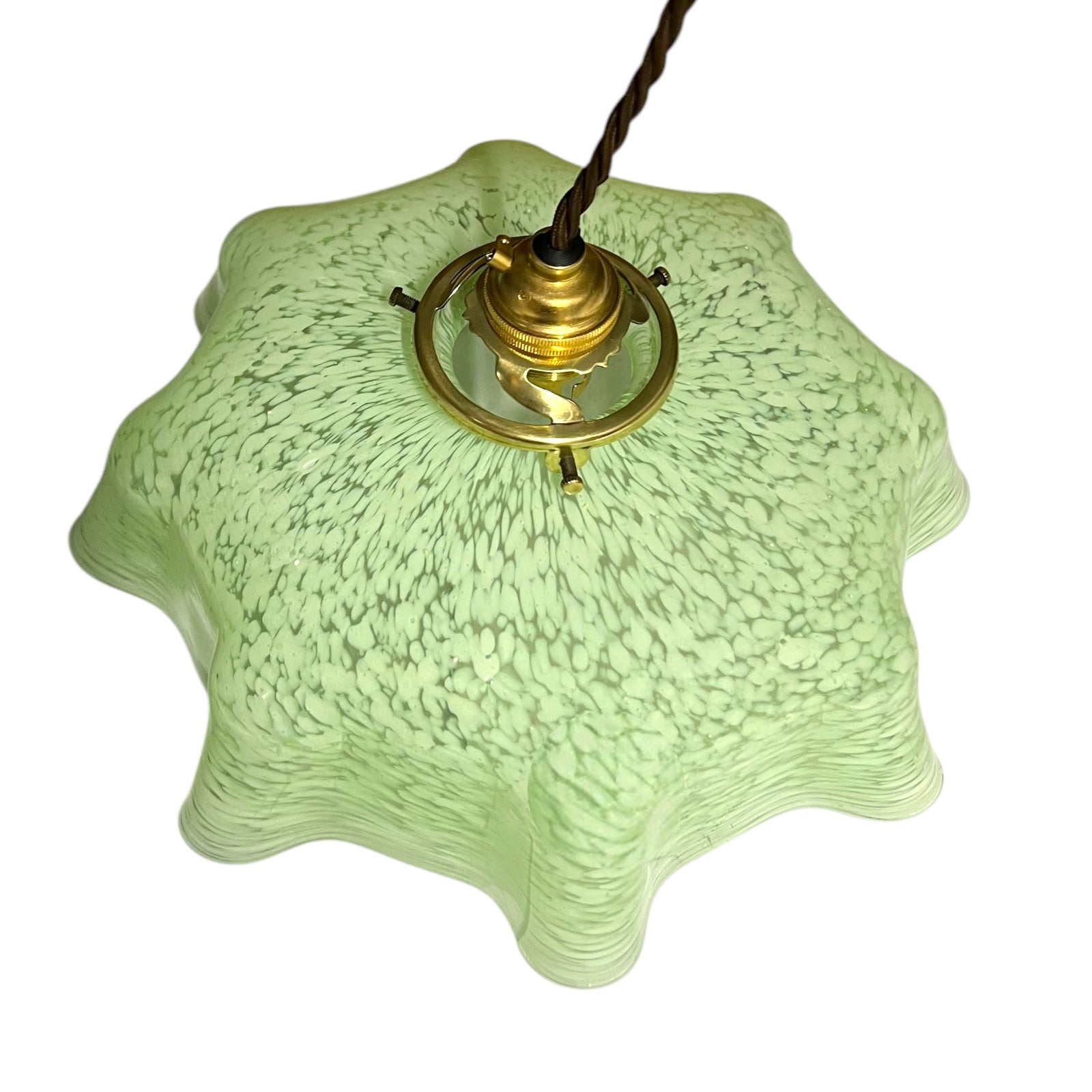 Vintage French Pendant Light, Green Mottled Milk Glass Hanging Lampshade 