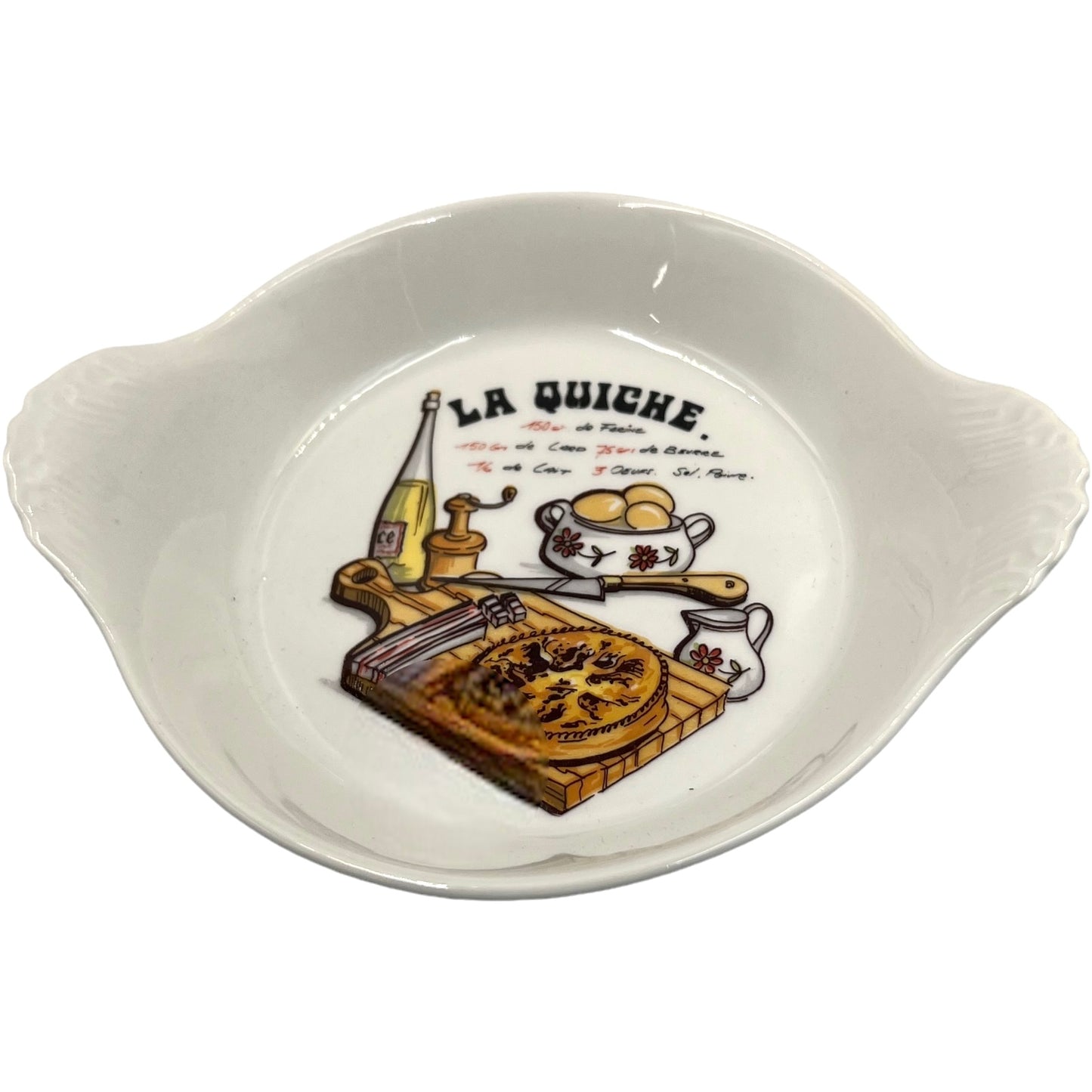 small French individual portion quiche dish with recipe in base