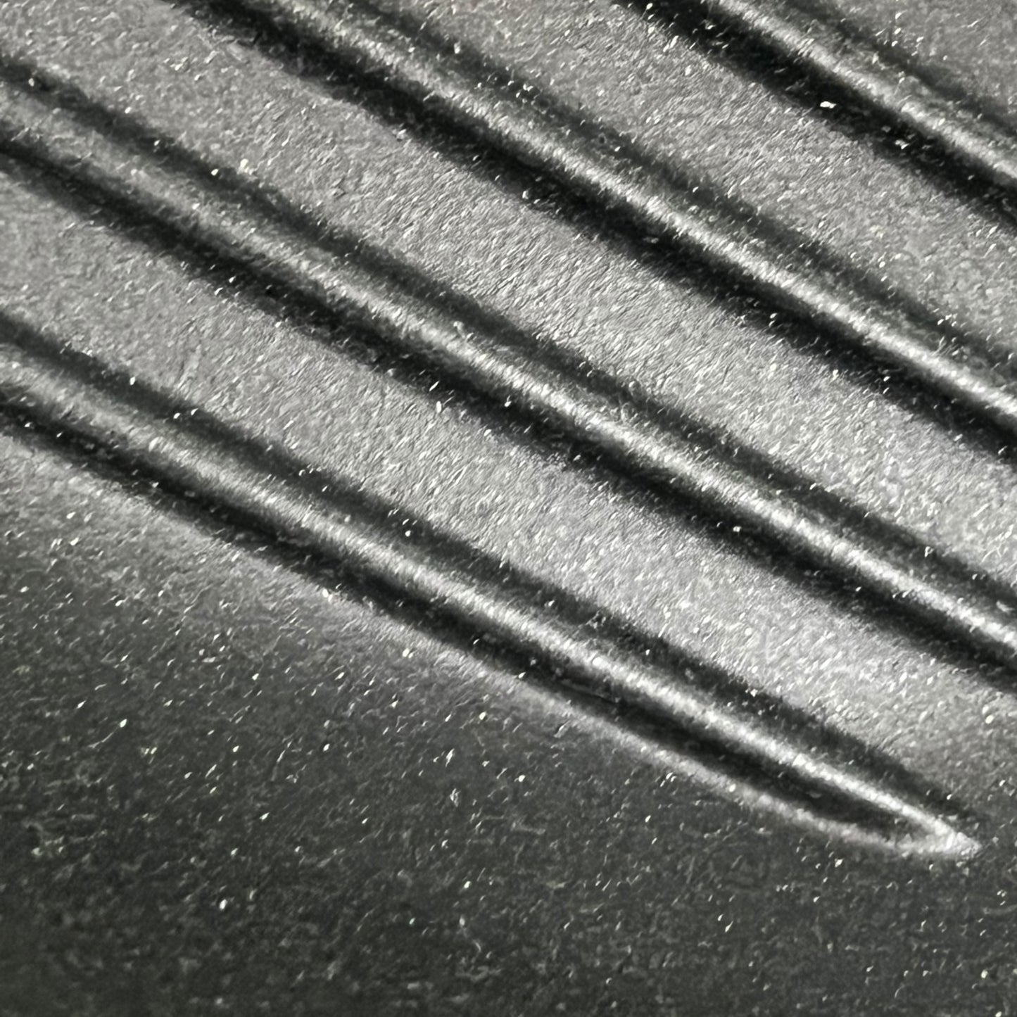 Close-up of a black cast iron skillet with ribbed surface