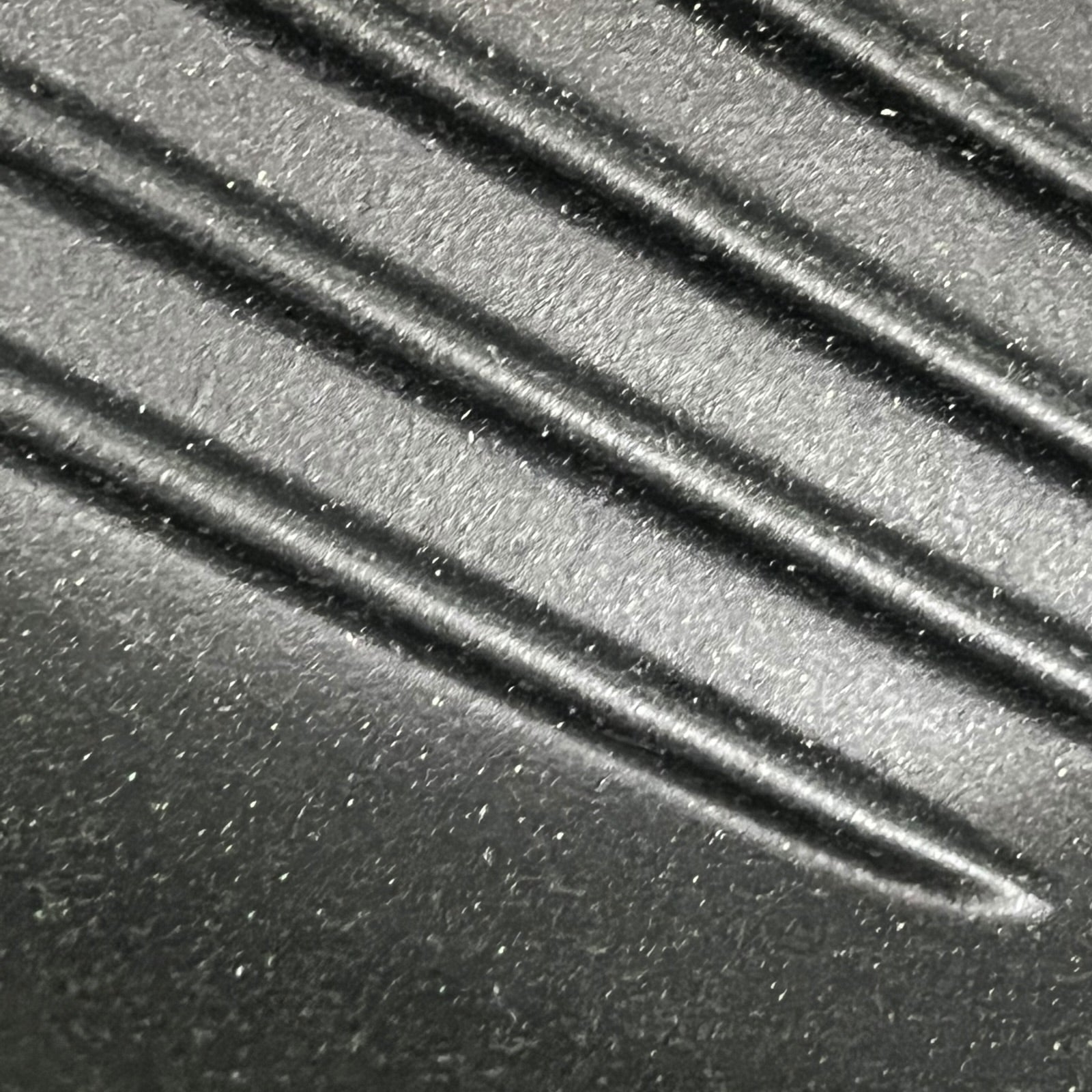 Close-up of a black cast iron skillet with ribbed surface