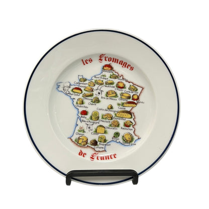 Decorative plate with a map of France featuring various cheese illustrations on a white background.