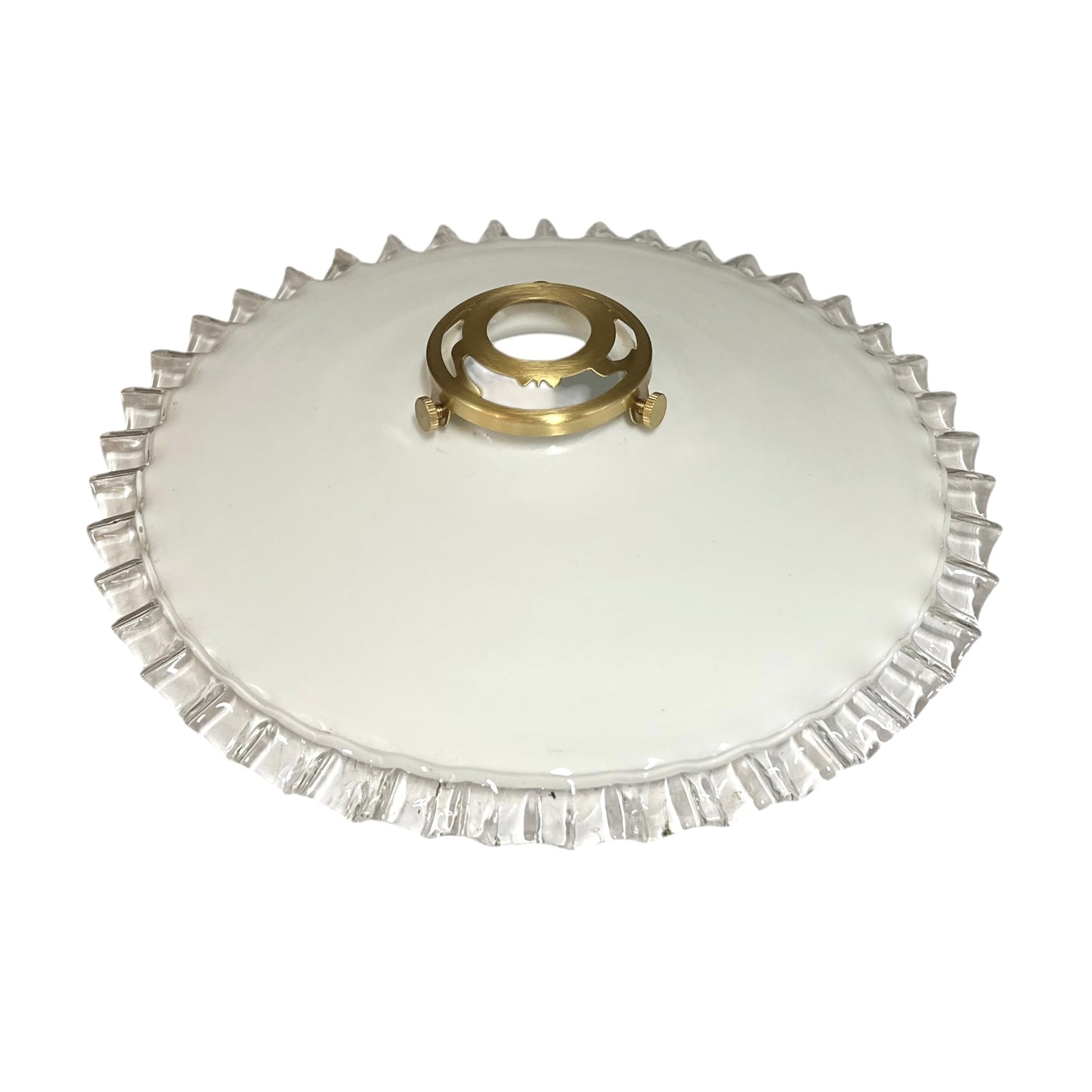 Vintage French Opaline Milk Glass Pendant Pie Crust Lampshade with Brass Collar