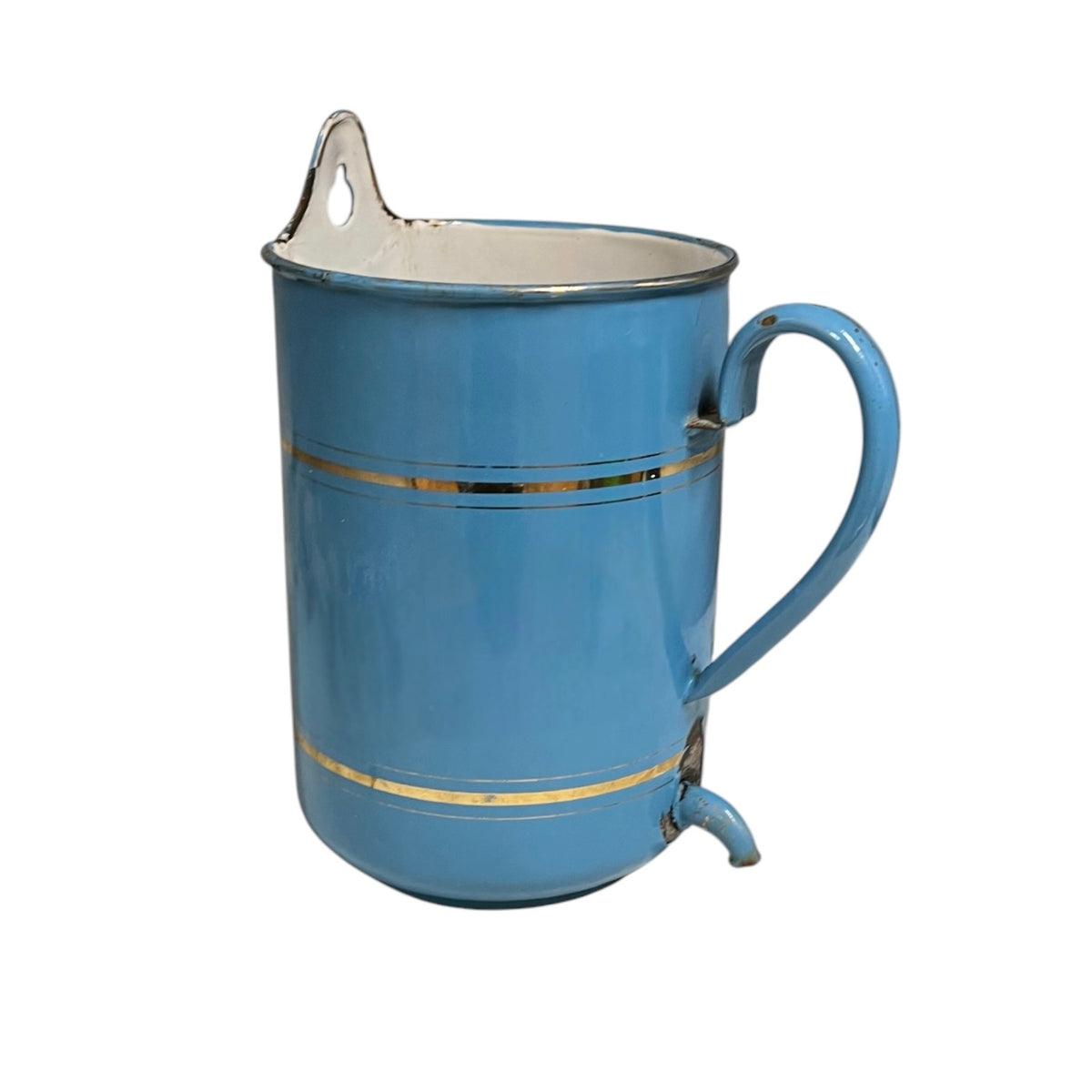 A light blue enamel pitcher with gold stripes, a silver-toned metal handle, and a small silver spout, shown on a plain white background.