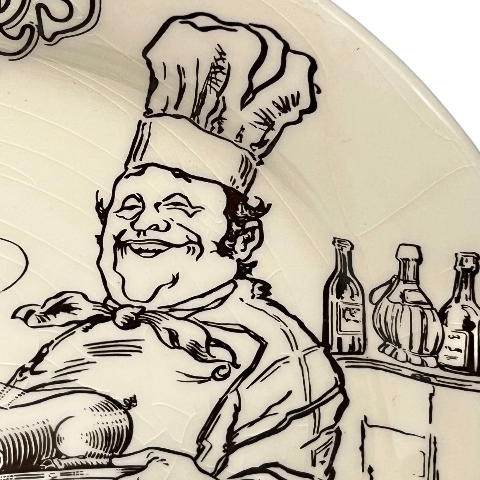 Illustration of a chef on a plate with bottles in the background