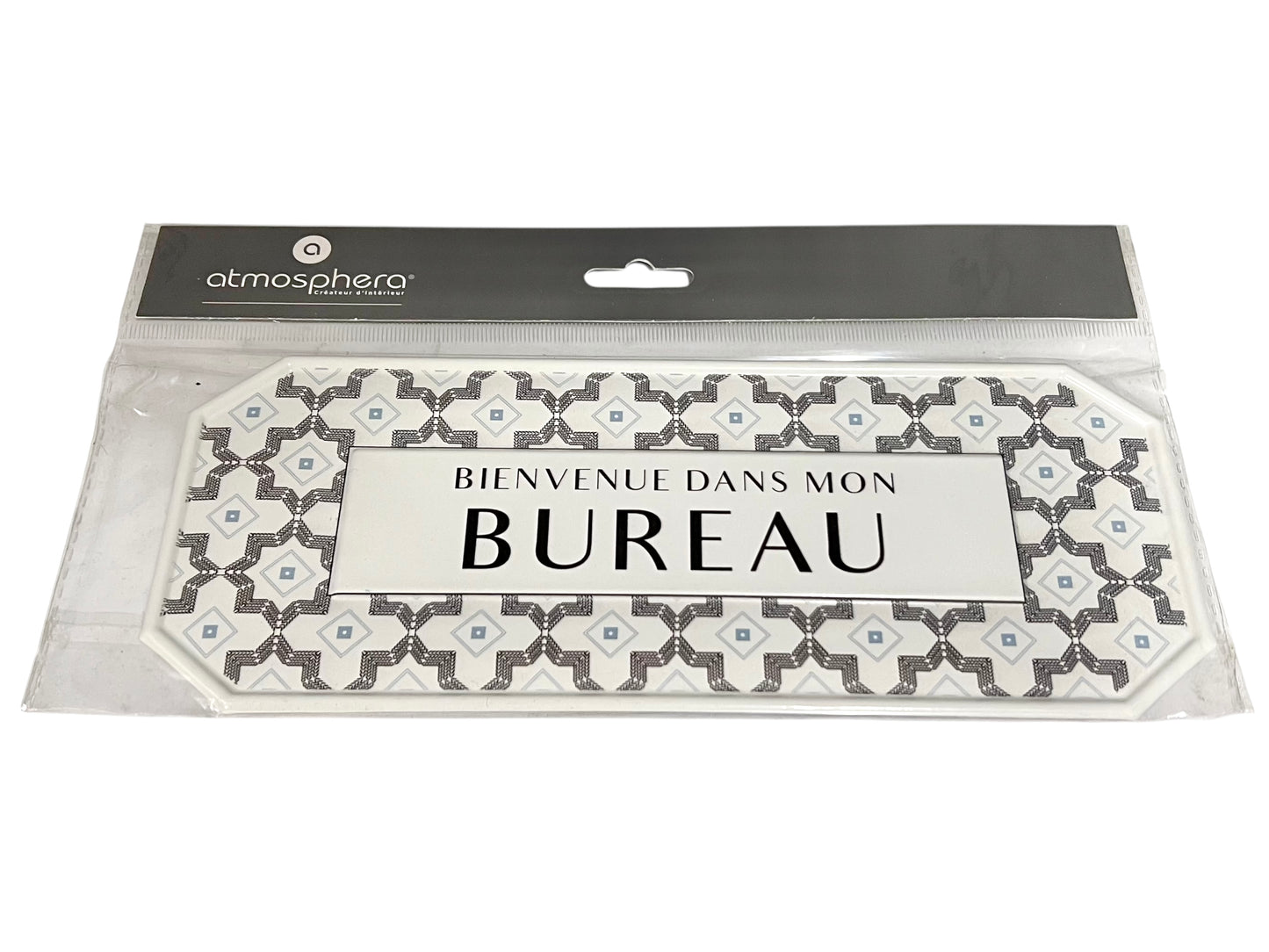Decorative mat with patterned border and text 'Bienvenue dans mon Bureau' in packaging