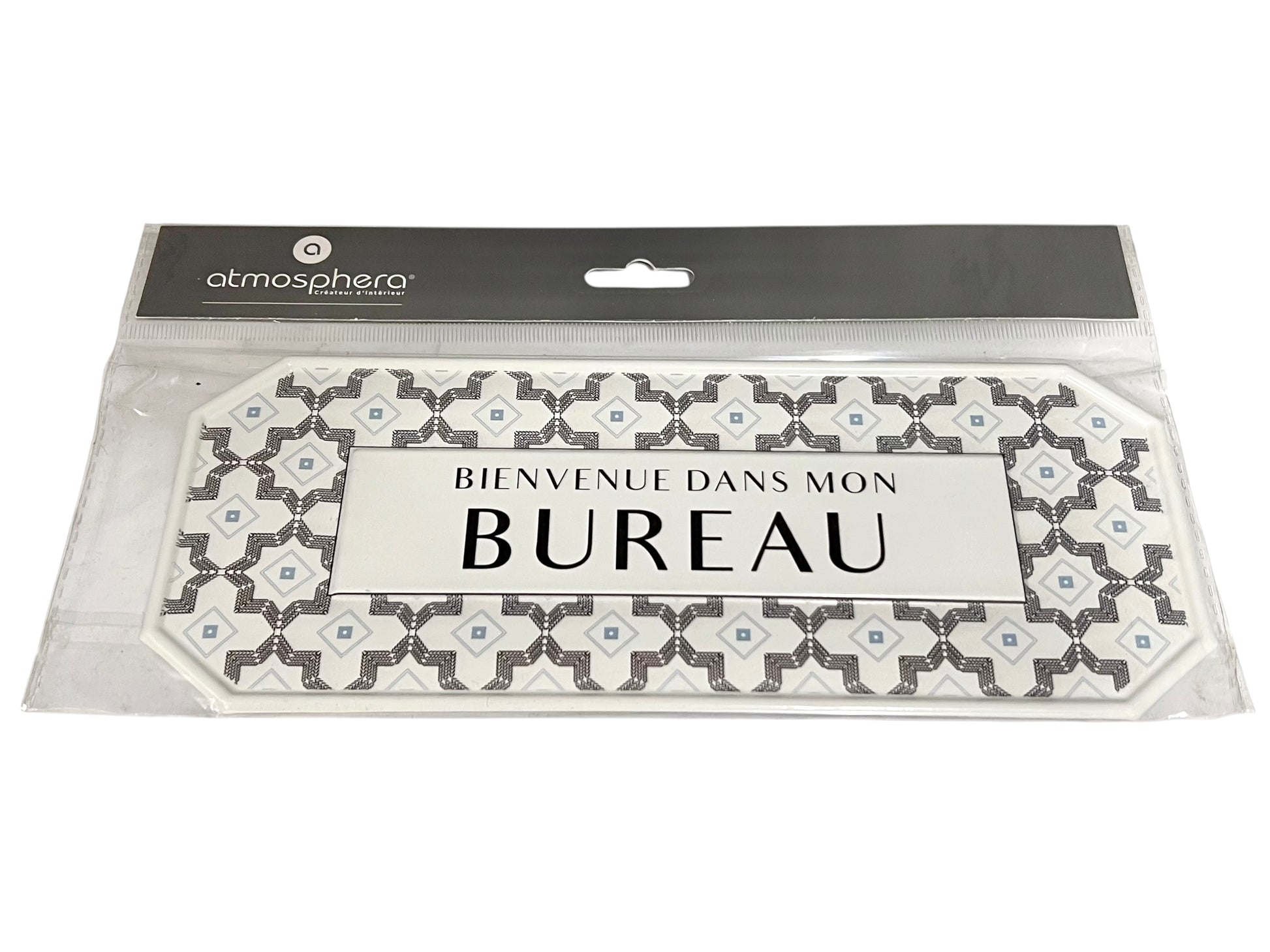 Decorative mat with patterned border and text 'Bienvenue dans mon Bureau' in packaging