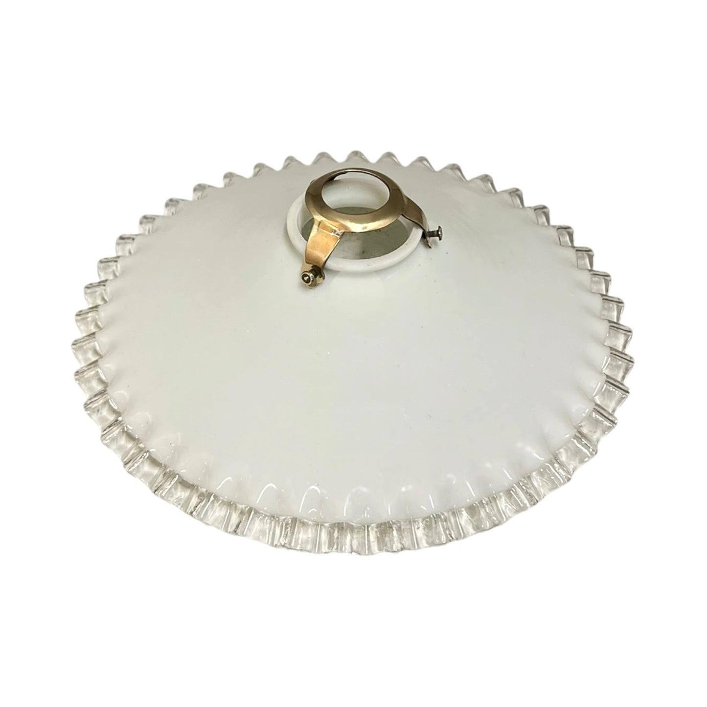 French vintage milk glass opaline lampshade with a clear trimmed frilly edge and a brass bulb holder ideal for a French country style set on a white background
