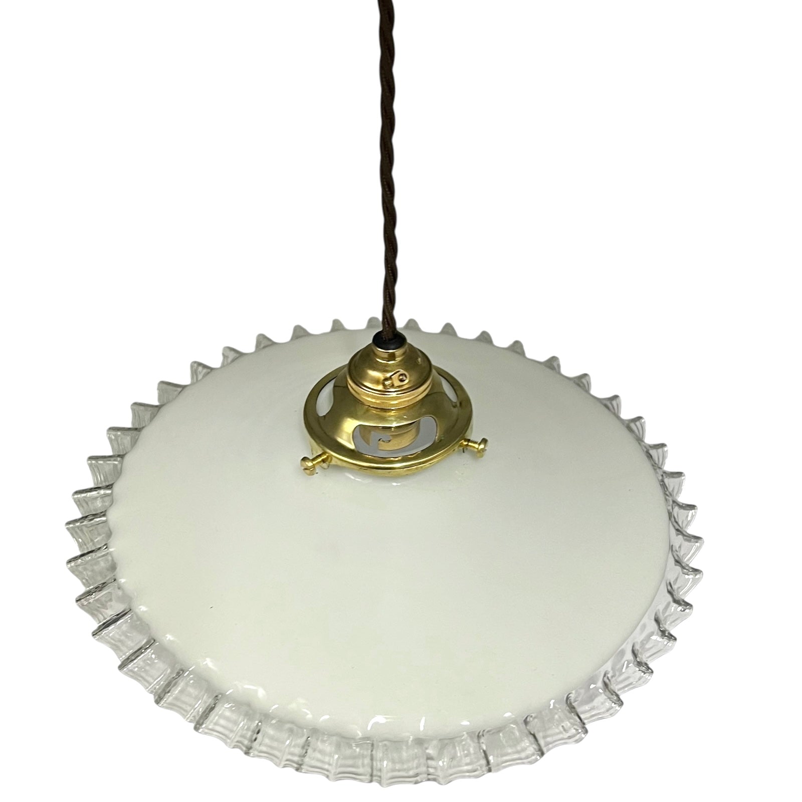 Vintage-style pendant light with white glass shade and brass fitting on a white background