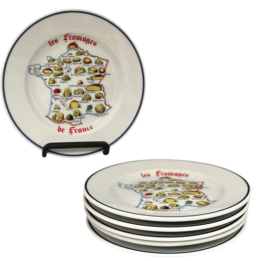 Set of ceramic plates with a map design and 'les Fromages de France' text on a white background.