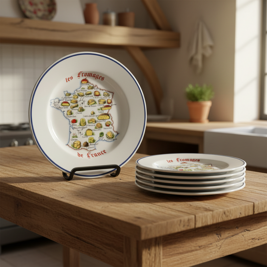 Set of 6 French cheese plates with a map of France on a wooden table in a rustic kitchen