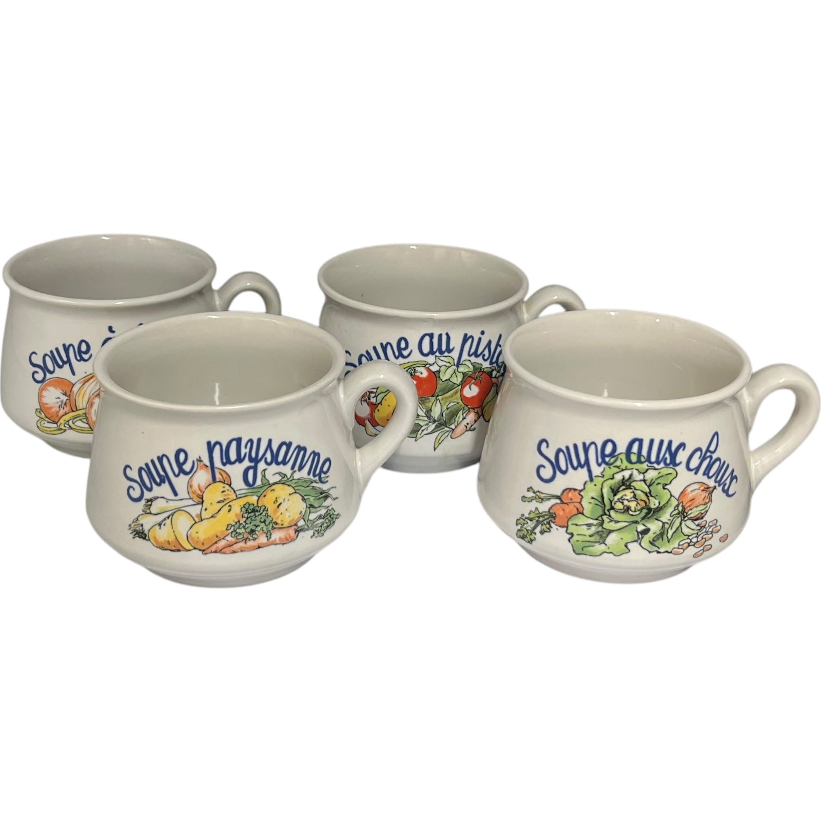 Set of four ceramic soup bowls with vegetable illustrations and text on a white background