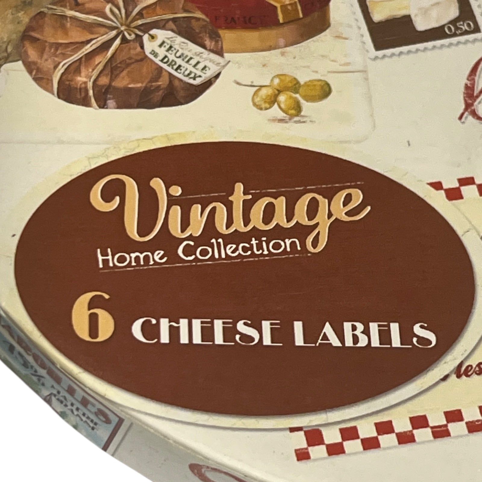 Packaging of 'Vintage Home Collection' 6 Cheese Labels with illustrations of cheese and packaging.