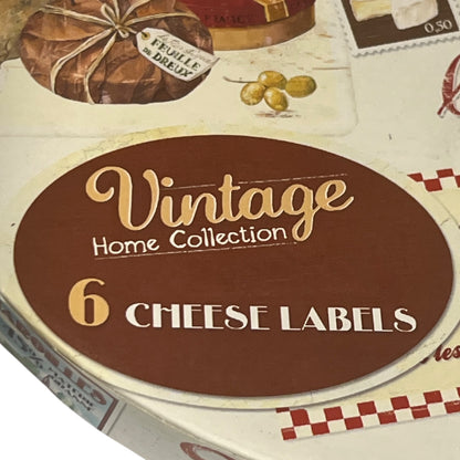 Packaging of 'Vintage Home Collection' 6 Cheese Labels with illustrations of cheese and packaging.