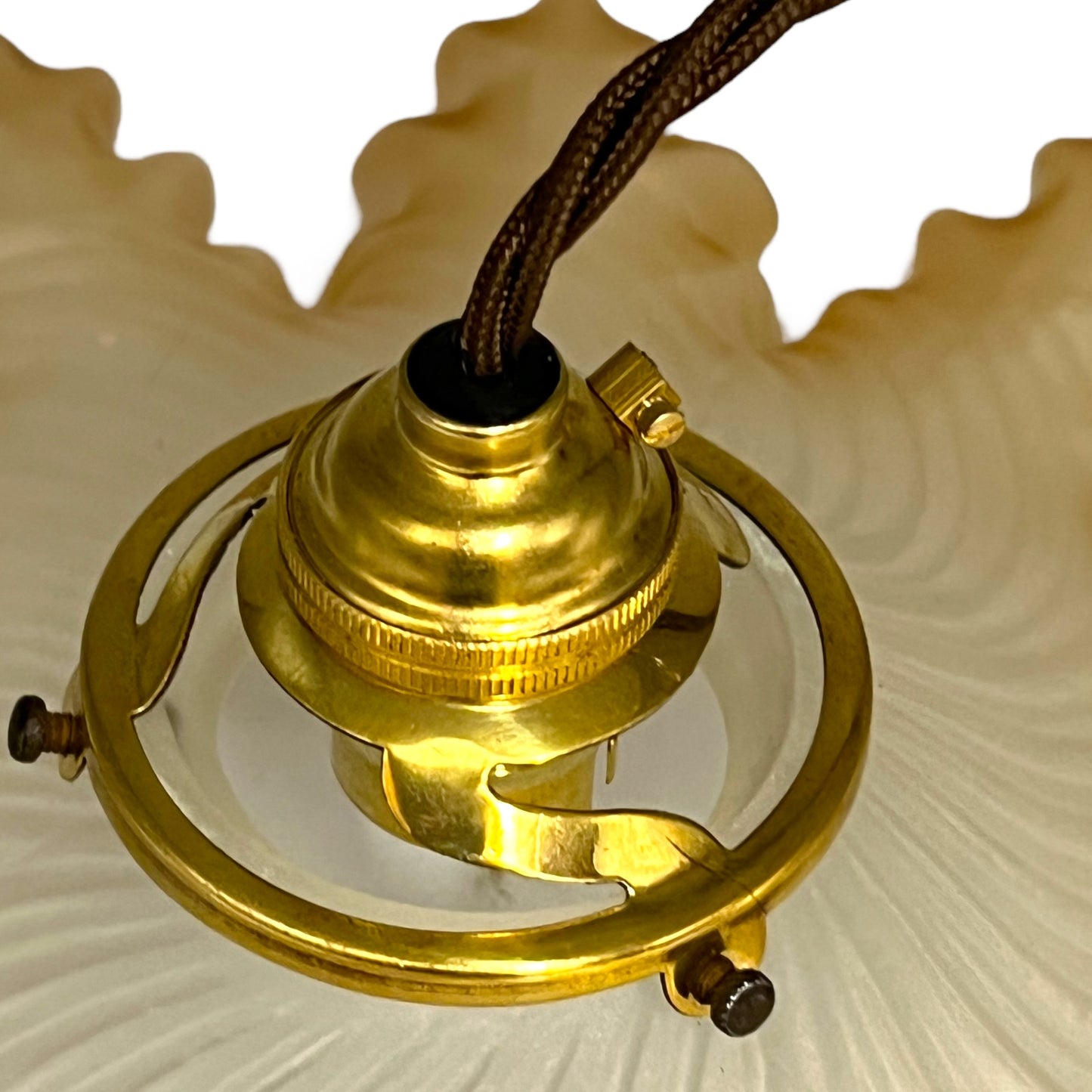 Brass gallery close up view Vintage French Frosted Glass Ceiling Pendant Light, Hanging Lampshade