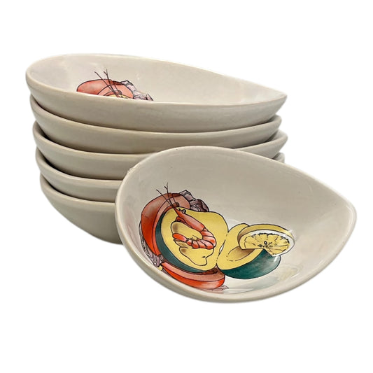 Set of six ceramic bowls with shrimp and lemon design on a white background