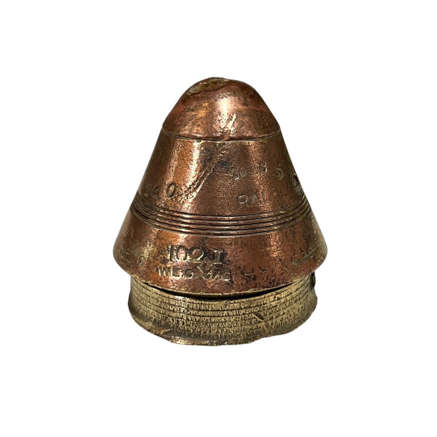 WW1 relic brass fuse number 102, ideal as a paperweight n a white background