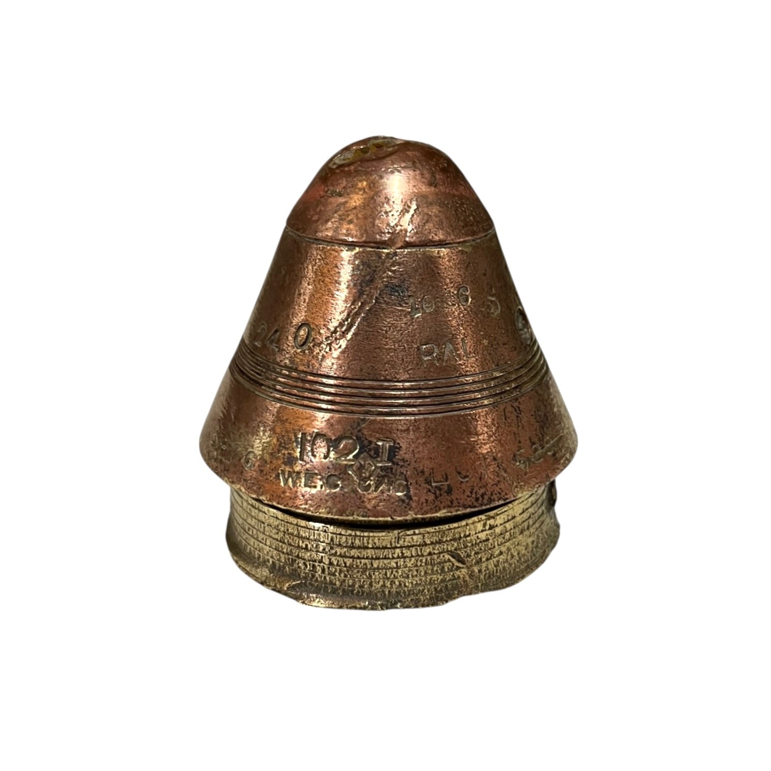 WW1 relic brass fuse number 102, ideal as a paperweight n a white background