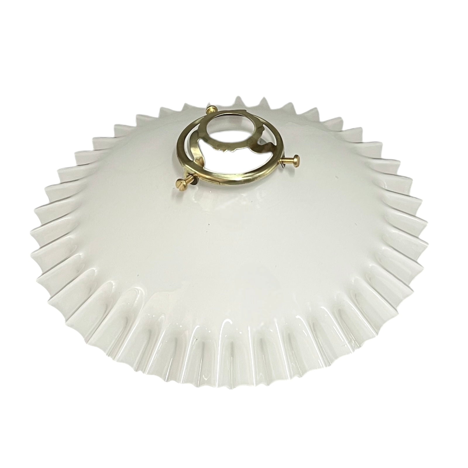 White glass lamp shade with gold metal fixture on a white background