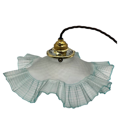 Vintage French Pendant Light, Blue Frosted Glass Hanging Lampshade 