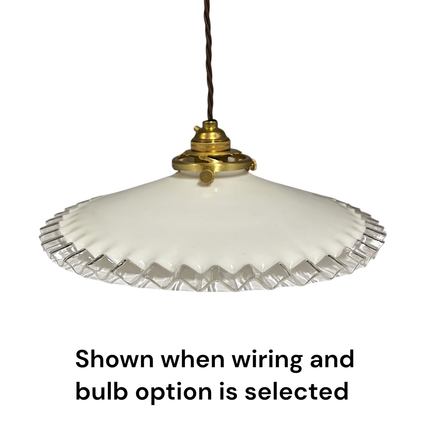 Vintage French Opaline Milk Glass Pendant Pie Crust Lampshade with Brass Collar