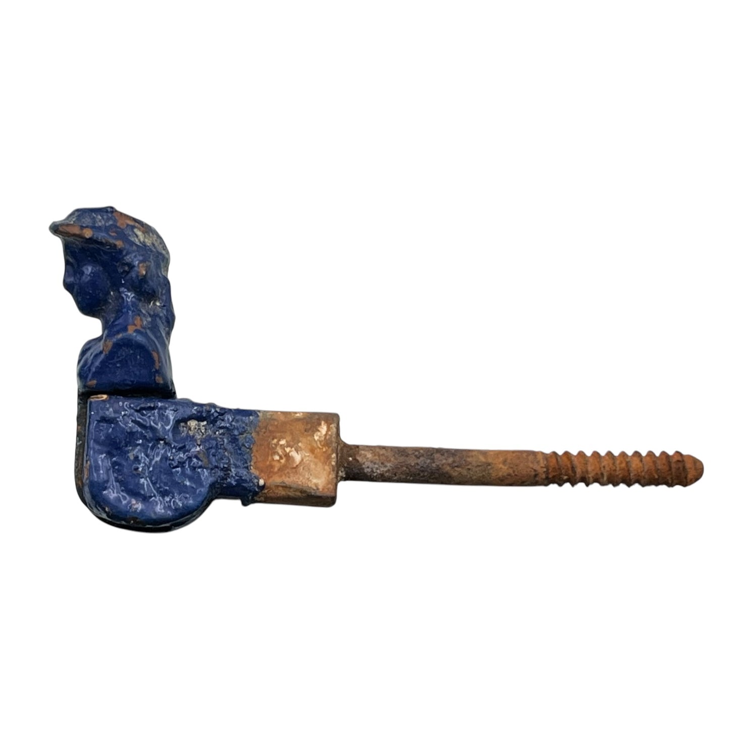 French cast iron shutter dog painted blue with signs and age and wear on a white background