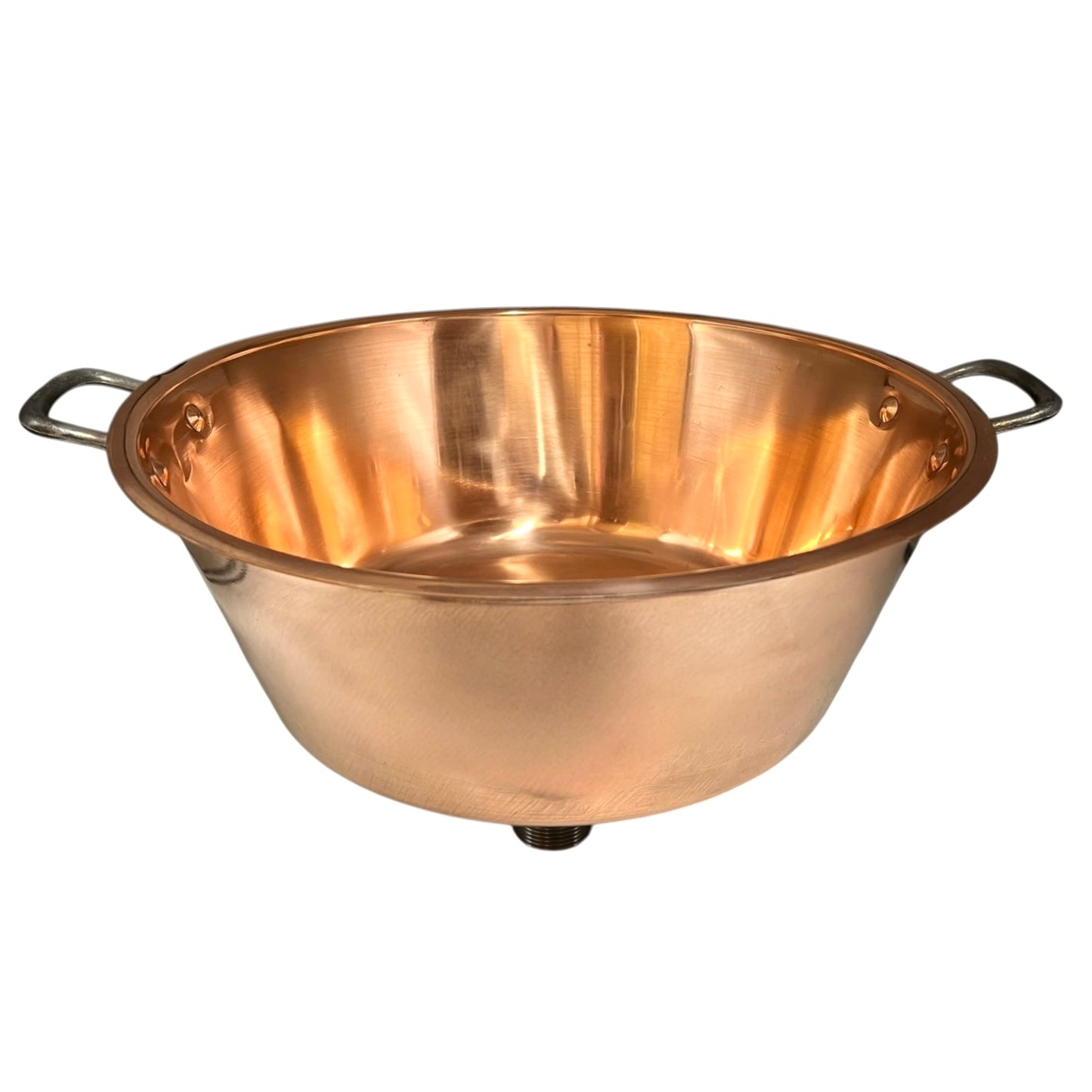 Close up of a French copper bathroom basin on a white background