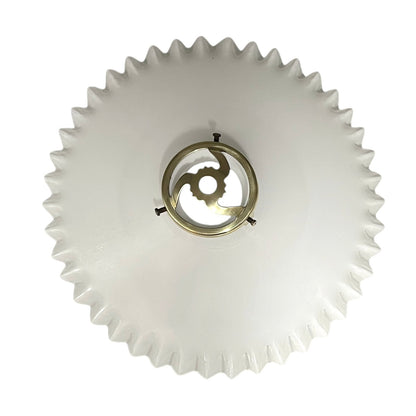 White ceiling light fixture with a decorative glass shade on a white background