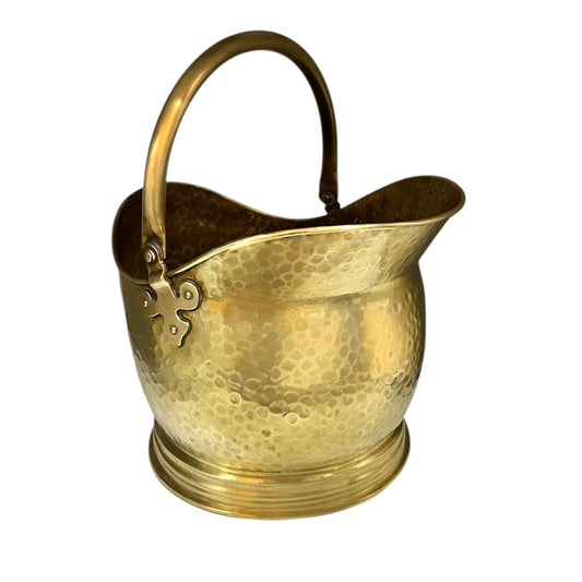 Vintage French brass fireside coal bucket with handle on a white background