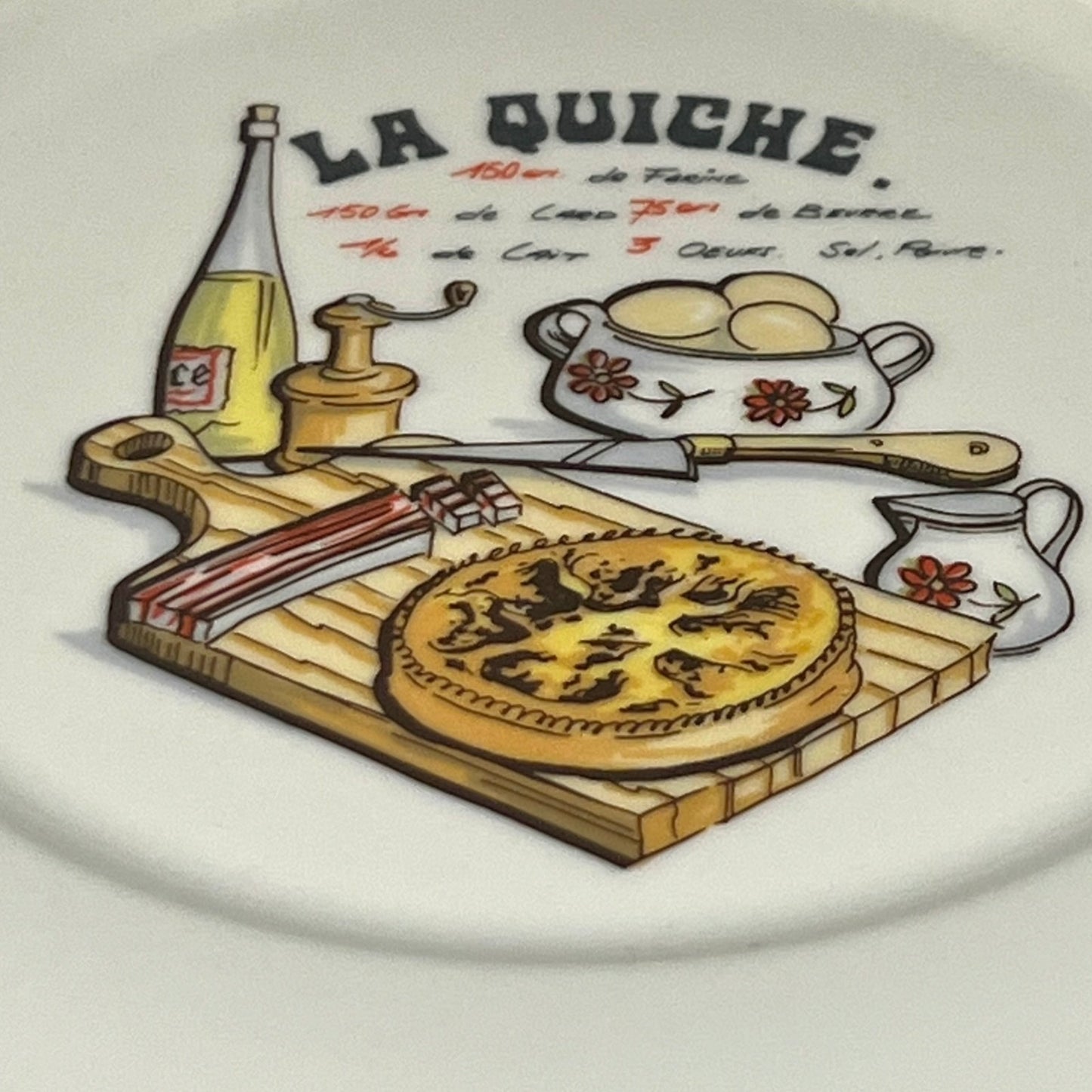 Illustration of a quiche on a wooden board with kitchen items and text on a white background