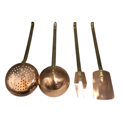 Set of 4 French copper and brass utensils including a slotted spoon, ladle, fork and spatula