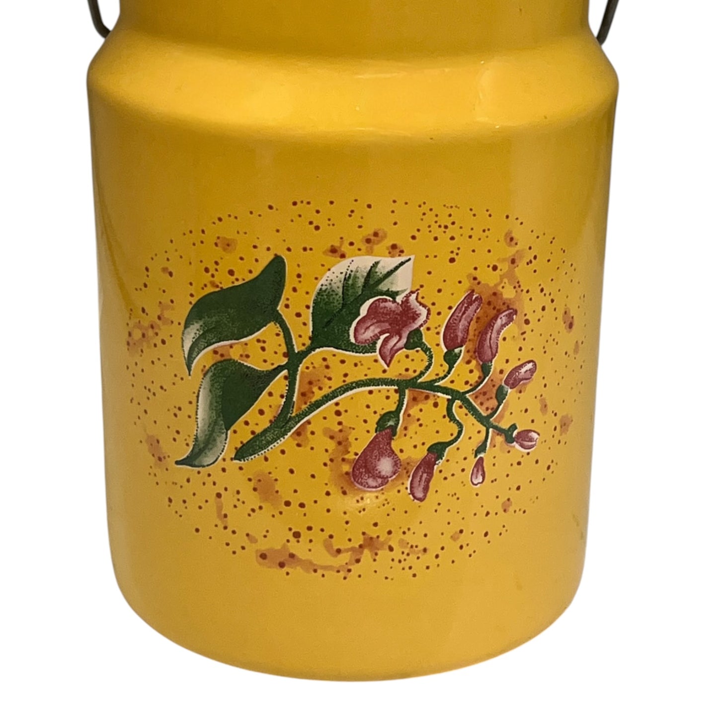 A yellow enamel canister with a floral design of pink blossoms and green leaves on a speckled background, shown against a white background.