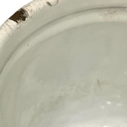 Close-up of a white enamel jug showing the interior surface and a chipped edge with some discoloration.