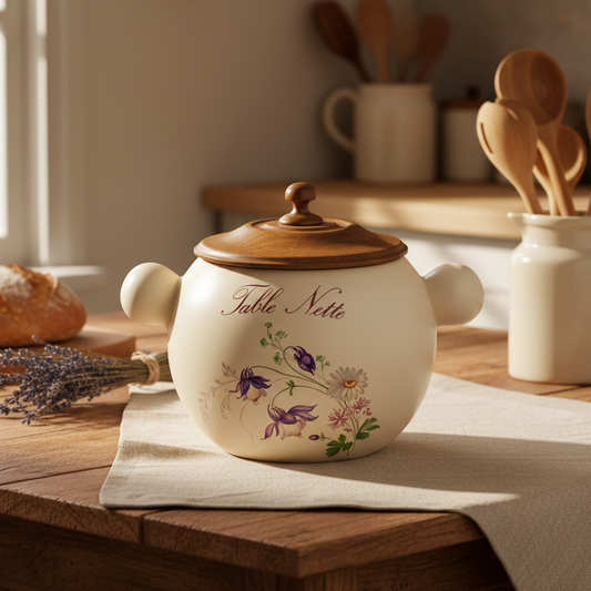 Ceramic table bin with a  floral design on a wooden table in a kitchen setting