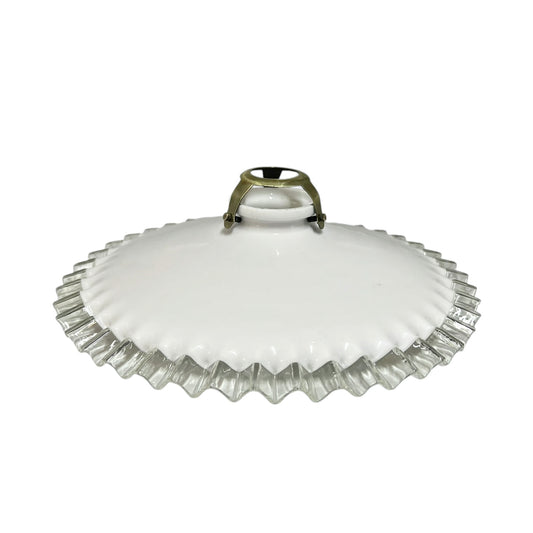 French vintage milk glass pie crust  lampshade with a frilled clear edge ideal for a period or French style home on a white background