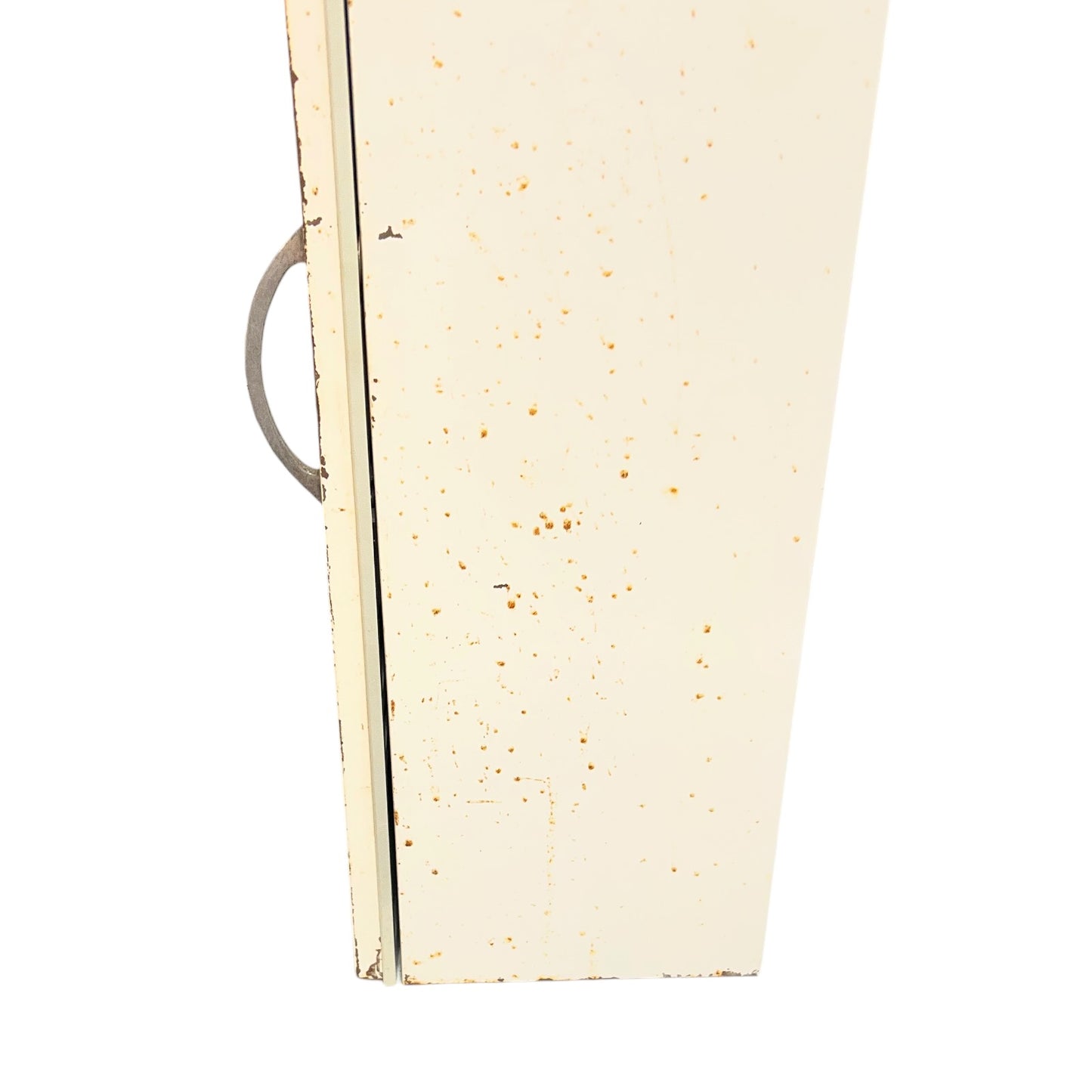 close up of a vintage metal bathroom cabinet on a white background